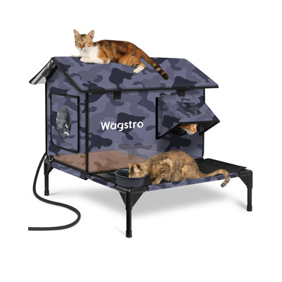 Heated Outdoor Cat House ,A-Frame Shelter With Thermal Pad, Rainproof Roof, Pet Exit Panel, Raised Rest Deck, Sustainable Build-Black Camouflage