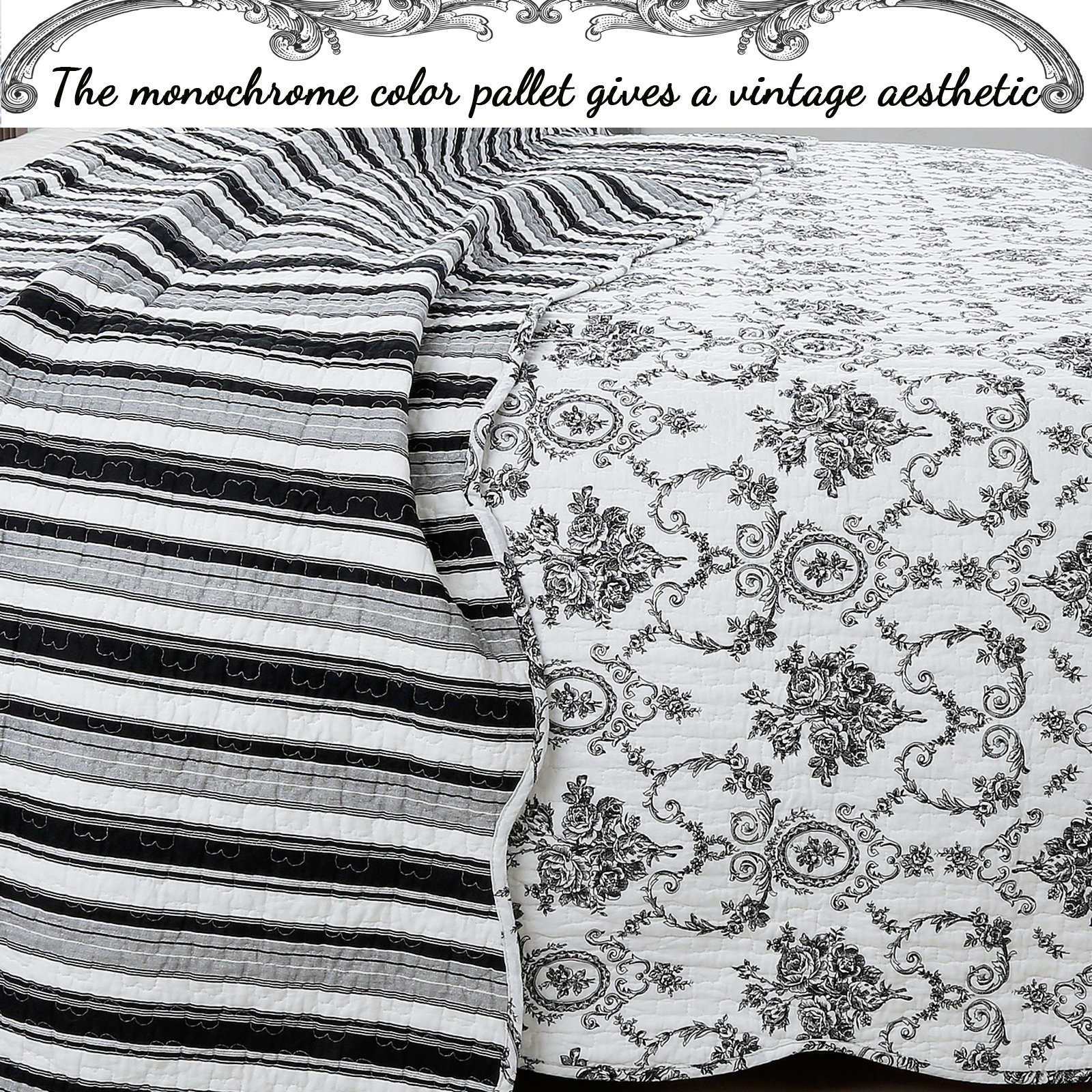 French Medallion Cotton Quilt Set, King Quilt + 2 King Shams, Black