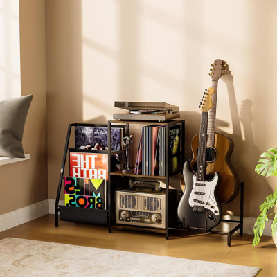 Support pour tourne-disque avec support pour guitare réglable, rangement pour disques vinyles à 3 niveaux pouvant accueillir jusqu'à 200 albums, mobilier audio multifonctionnel pour le salon, la chambre à coucher et le studio de musique