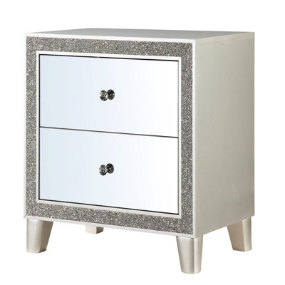 Champagne Bedroom Nightstand With 2 Drawers - Mirrored And Felt Protected Storage Area In Lining
