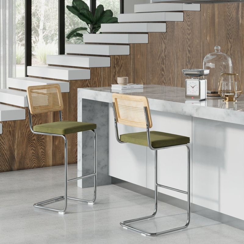 Tabouret de bar et de comptoir en velours Walsh, Tabouret de bar (siège d’une hauteur de 30 po), Velours olive