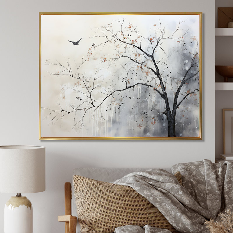 Minimalisme, oiseaux monochromes sur branche I - art mural arbres, H 24 po x l 32 po x P 1 po, Cadre flottant doré