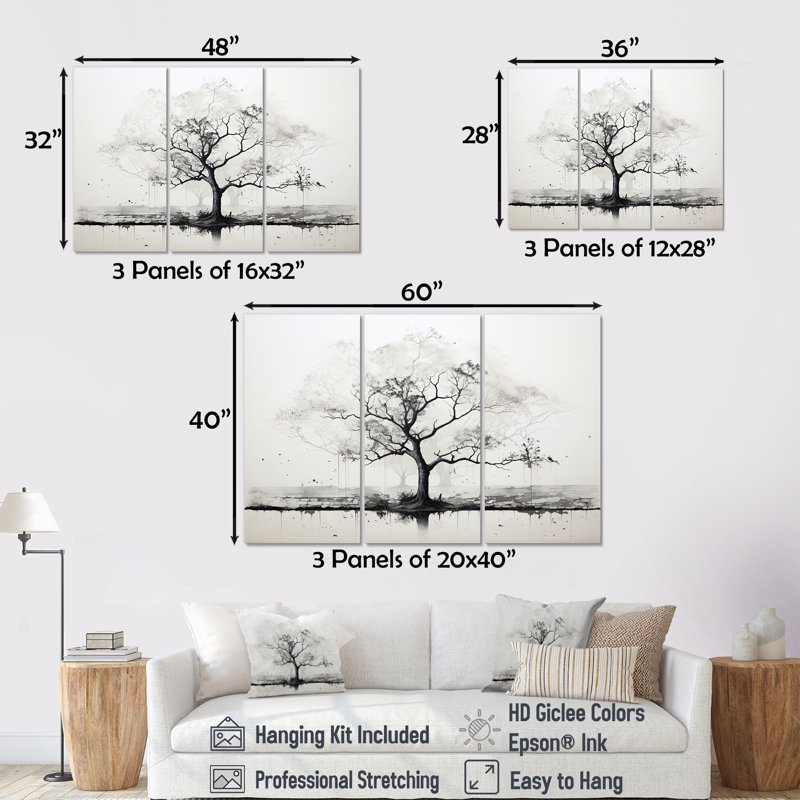 «Gray Minimalisme Baobab Tree I», ensemble d'art mural sur toile, H 40 po x l 60 po x P 1 po