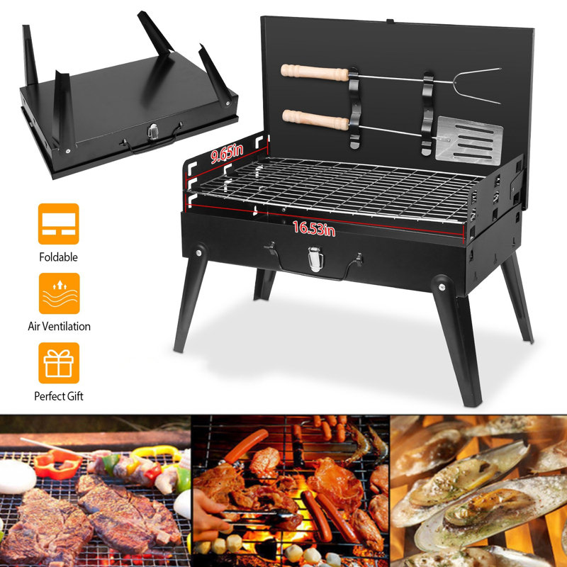 Valise pliable pour barbecue au charbon de bois pliable, bouches d'aération multicouches pour ranger le couvercle du pare-vent intégré, rangement pour ustensiles intégré