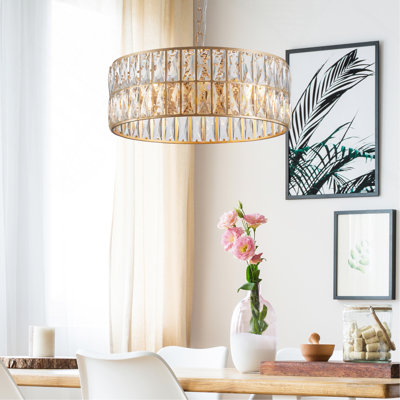 18" Gold Modern Crystal Drum Chandelier, 6-Light Pendant Lighting Fixture with Metal Frame for Living Room, Dining Room, and Bedroom (Bulbs Not Included)