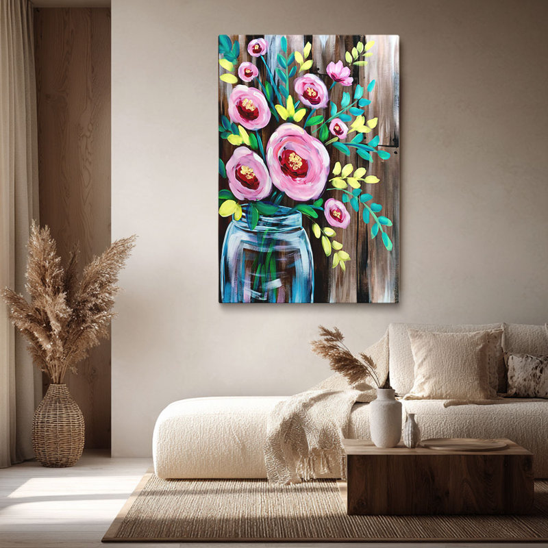 Art sur toile de pot de fleurs roses prêt à être accroché - salon confortable, H 12 po x l 8 po
