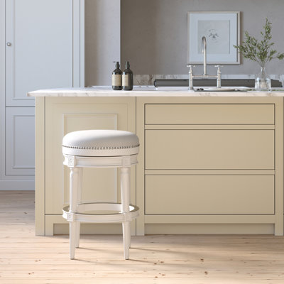 Backless 31In Wood With 360 Movement, Customizable Height, Nailhead Trim, Metal Footrest, White, Gray Upholstered, Ideal For Entertainment Areas Bar - Height Swivel Stool To 26In Counter, Seat,