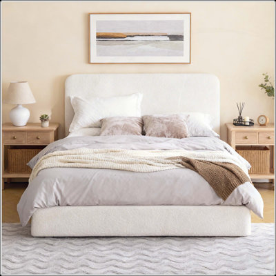 Grand lit tapissier avec tête de lit haute de 52 po Canter, simplicité élégante, aucun sommier nécessaire, assemblage facile, grand lit, chenille blanc perle