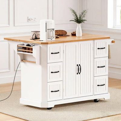 Kitchen Island With Drop Leaf, Power Outlet, 6 Deep Drawers, And 4 Door Shelves On Wheels For Flexible Storage And Workspace.