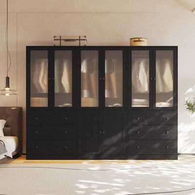 20"D x 94.5"W x 71"H Modern Armoire With Soft-Close Doors — Fluted Glass Wardrobe Closet With Shelves & Drawers by Latitude Run