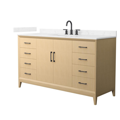 Meuble-lavabo simple 60 po Janna en chêne blanc, comptoir en marbre de culture de Carrare, lavabo carré encastré (3 trous), garniture noir mat