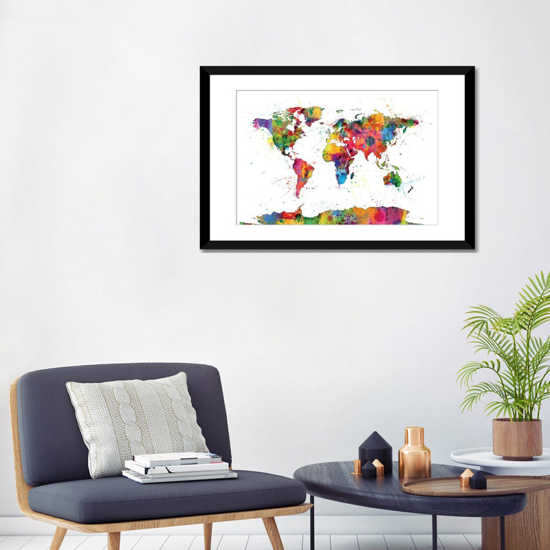 World Map Series: Drops of Color I, impression sur toile tendue, H 24 po x l 32 po x P 1 po, Papier d'art encadré noir, Blanc