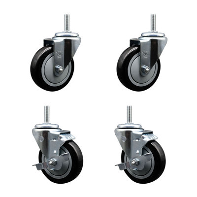 4 Inch_ Poly Wheel Swivel 5/8 Inch Threaded Stem Caster Set 2 Brakes
