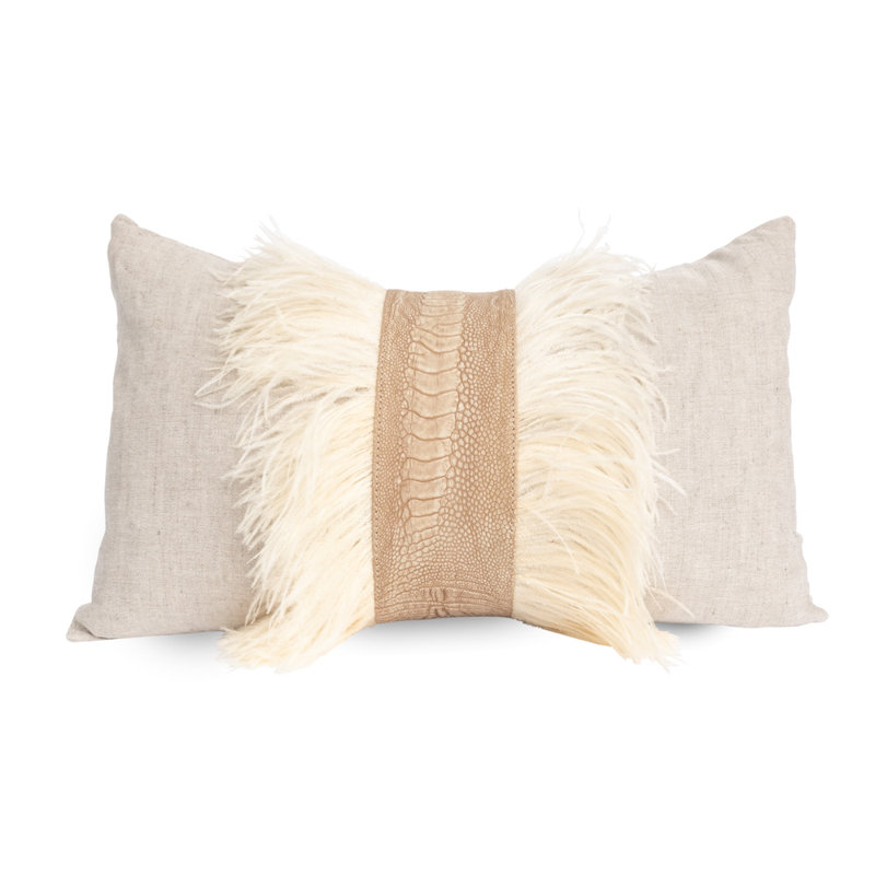 Linen Lumbar Pillow with Ostrich Feather Trim, Natural Linen/Stone Washed Ostrich Feather
