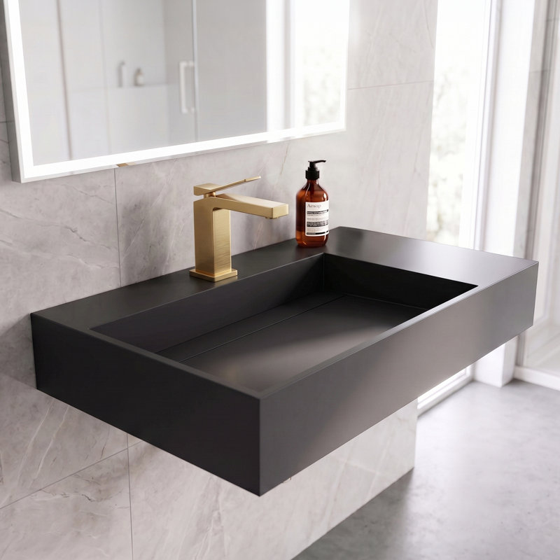 Lavabo de salle de bain mural à surface flottante avec drain encastré à gauche 30 "Juniper - Noir, Noir, noir, noir, noir