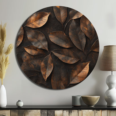 Brown Sable Leaves I - Leaves Round Metal Wall Art, Traditional Brown Metal Art Print