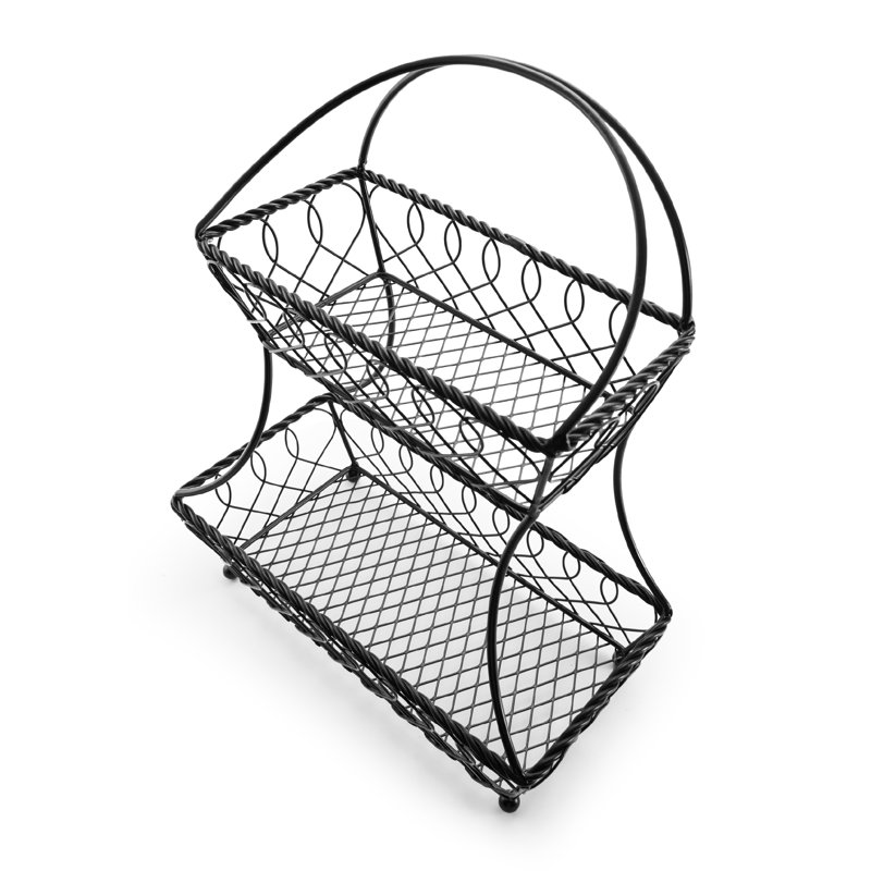 Antique Black 2-Tier Metal Fruit Basket with Lattice Design