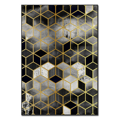 Tapis géométrique rectangulaire tissé à la machine en polyester gris / noir / or Rinaldi