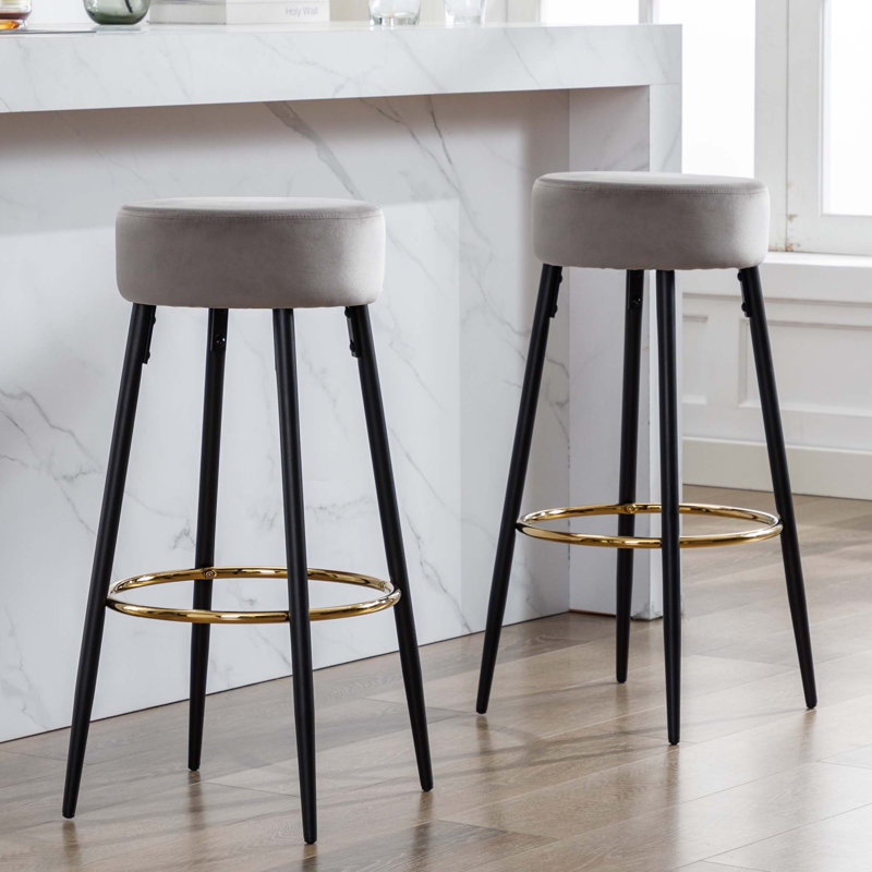 Modern Velvet Bar Stool with Gold Footrest and Black Metal Legs, Counter Height Kitchen Stool, Grey