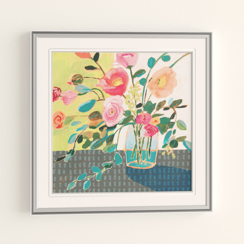 « excentrique bouquet ii », peinture, H 24 po x l 24 po x P 1,5 po, Encadrement argenté