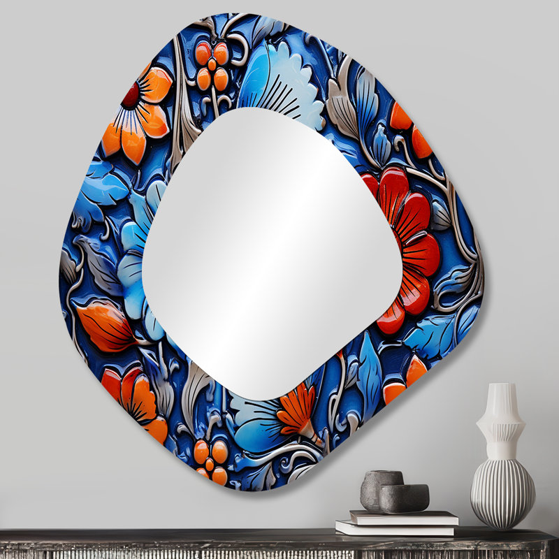 Tollette floral boho bleu et orange Tile Mosaic 5 - miroir mural décoratif de forme irrégulière mosaïque bohème
