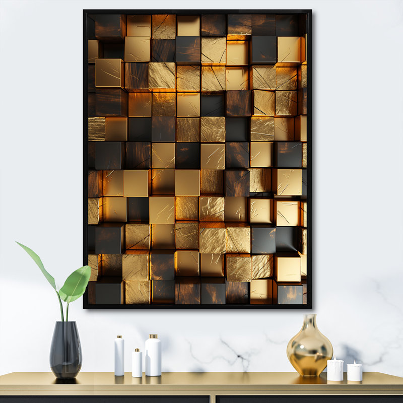 Or abstrait, cubes I - art mural géométrique, Cadre flottant noir, H 32 po x l 24 po x P 1 po