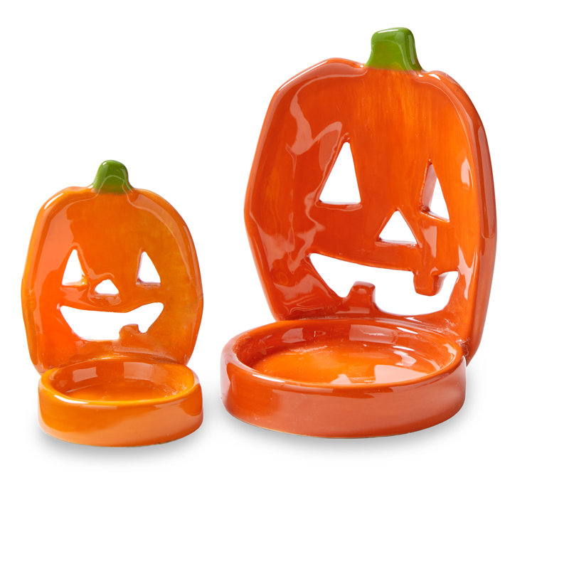Jack O Lantern Nesting Candleholder Set Of 2 Orange Ceramic Halloween