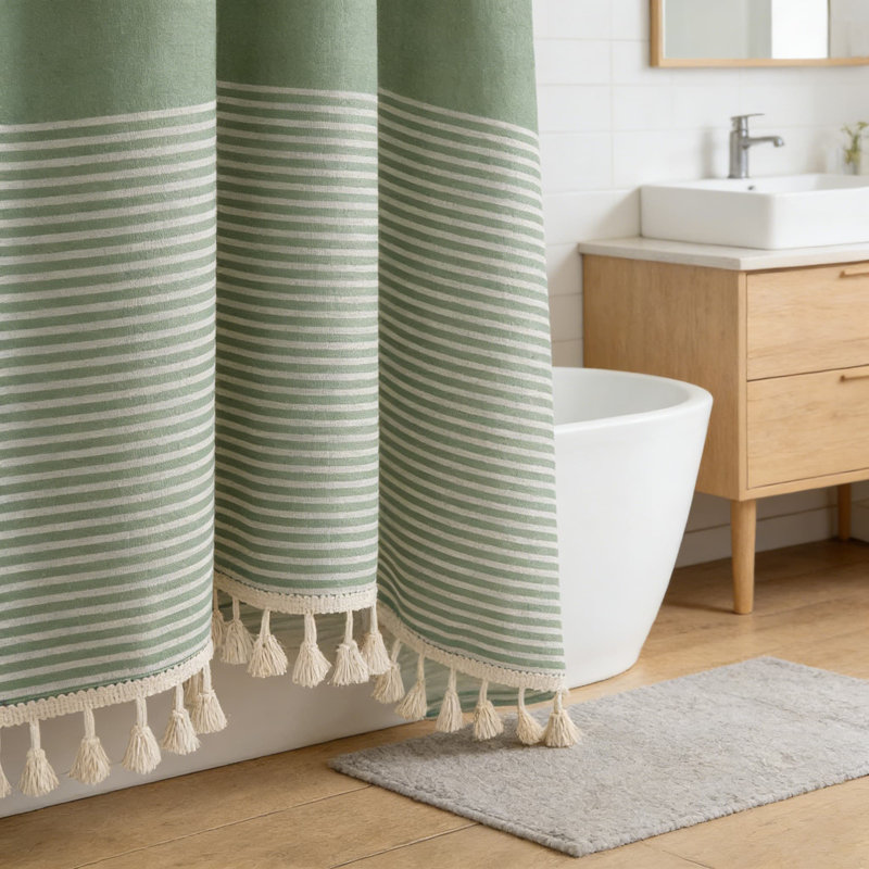 Rideau de douche en lin avec pompons, décor de salle de bain à rayures côtières, œillets résistants à la rouille