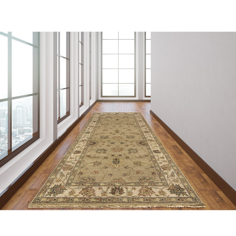 Tapis en laine ivoire / olive / brun, Tapis de couloir 2 pi 6 po x 22 pi