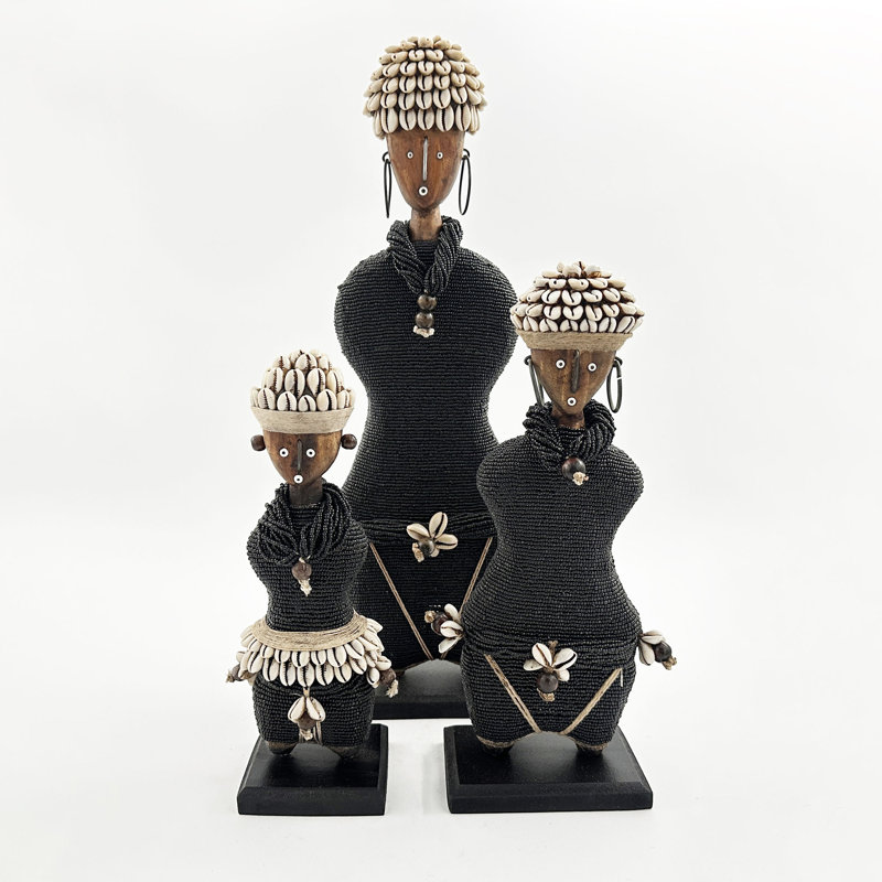 African Beaded Namji Doll, Large 18.5 in, Black, Cowrie