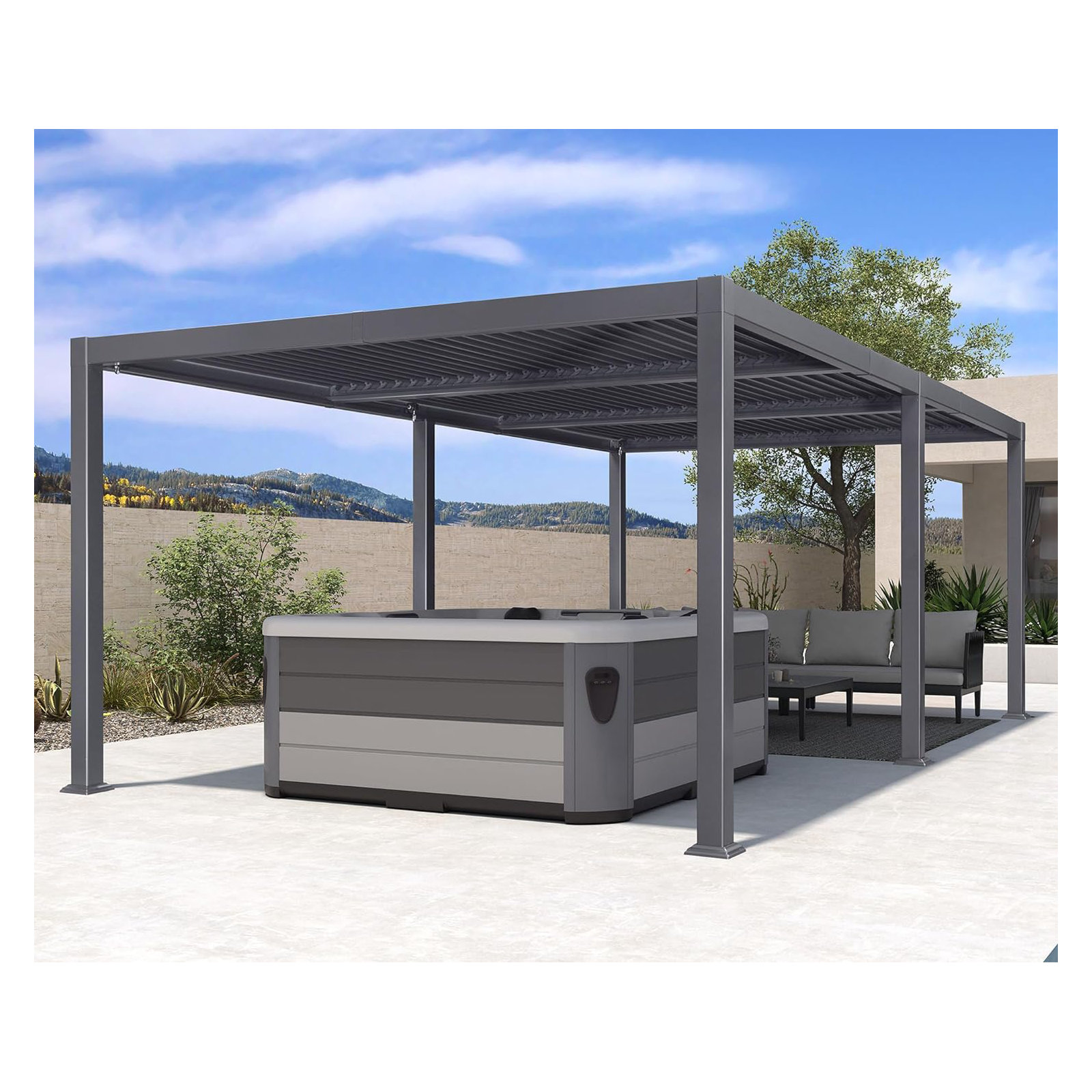 Aluminum Louvered Pergola, 92.58"H x 245.28"W x 137.2"D