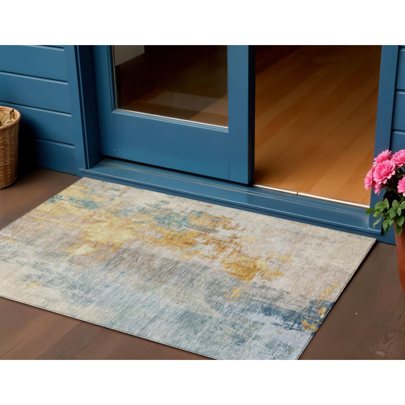 3' X 5' Linen Teal Blue And Copper Abstract Washable Indoor Outdoor Area Rug