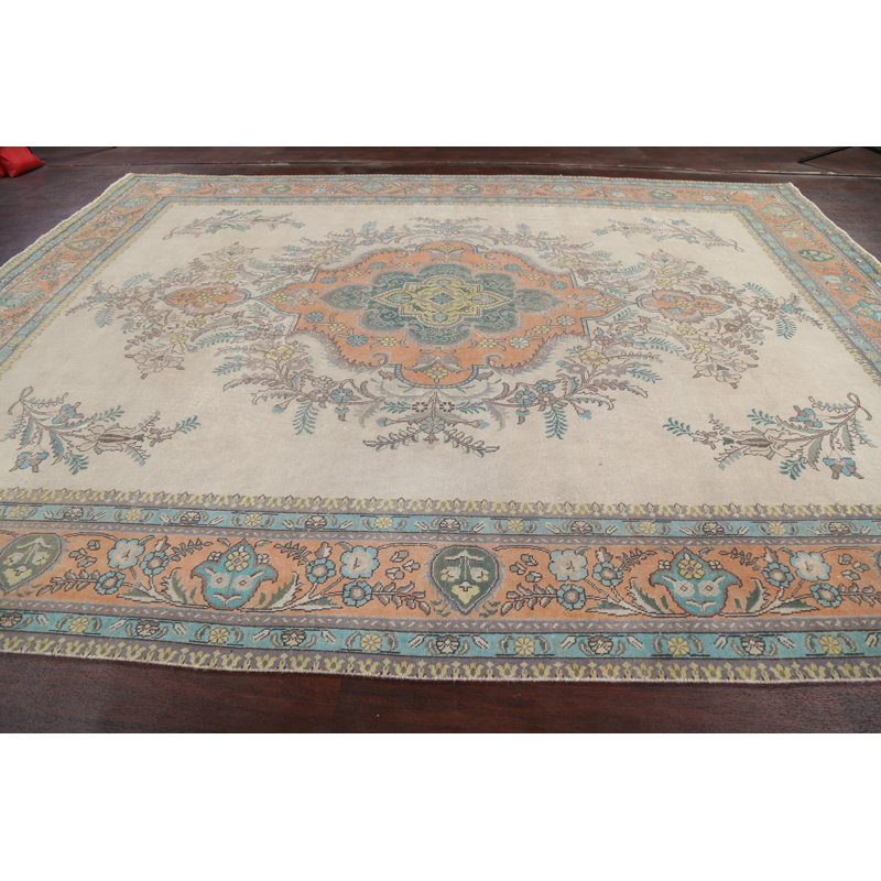 Tapis ivoire en laine noué à la main de conception unique 9 pi 9 po x 12 pi 10 po