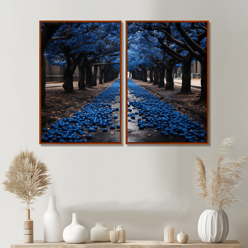 Arbre symétrique monochrome jaune et gris - art mural bleu, Brown, 36" H x 48" W, Impression encadrée flottante