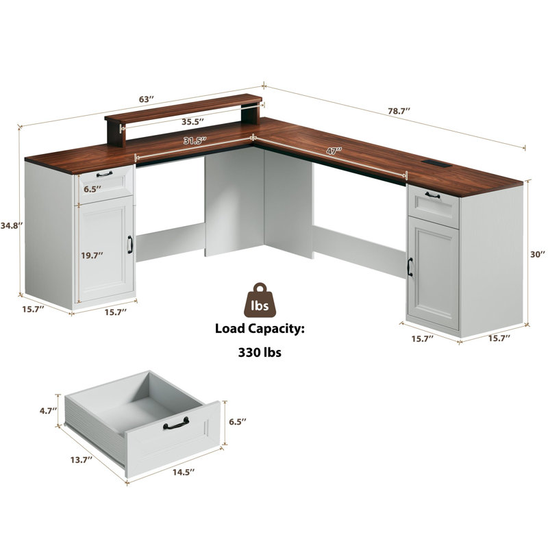 Bureau d'ordinateur en L 78 po avec support pour écran d'ordinateur avec rangement et prises de courant, Bois brun
