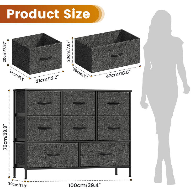 100 cm W Chest of 8 Drawers, Deep Grey