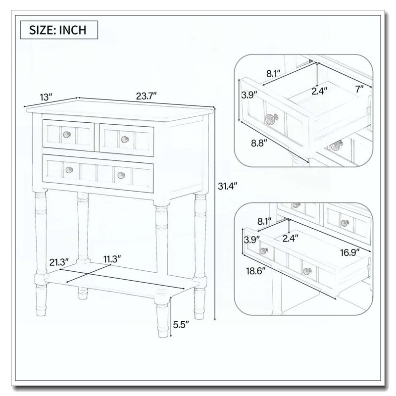 Console étroite, canapé mince avec trois tiroirs de rangement et tablette inférieure pour le salon, assemblage facile