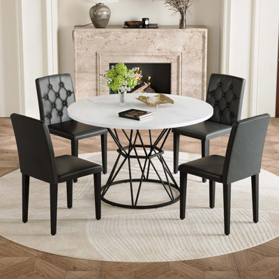 Modern 5PCS Dining Table Set, Circular MDF Dining Table With Hourglass Shaped Metal Base Paired With 4 Ergonomic Buckle Backrest PU Dining Chairs