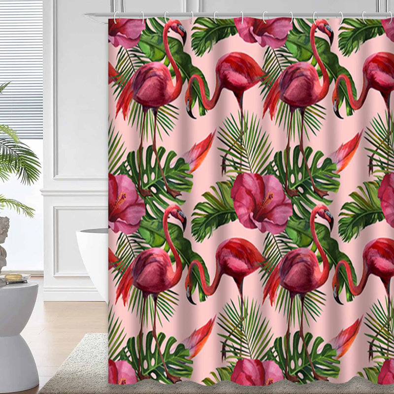 Aquarelle de flamants tropicaux dessinés dans la jungle, tissu de fleurs de la nature avec 12 crochets, L 72 po x l 84 po