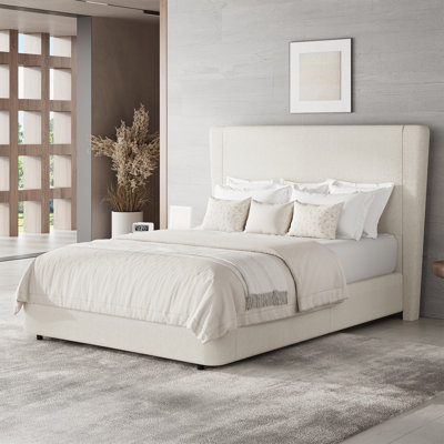 Bensu Boucle Upholstered Bed Frame with Rounded Corners, Platform Bed with Wood Slats