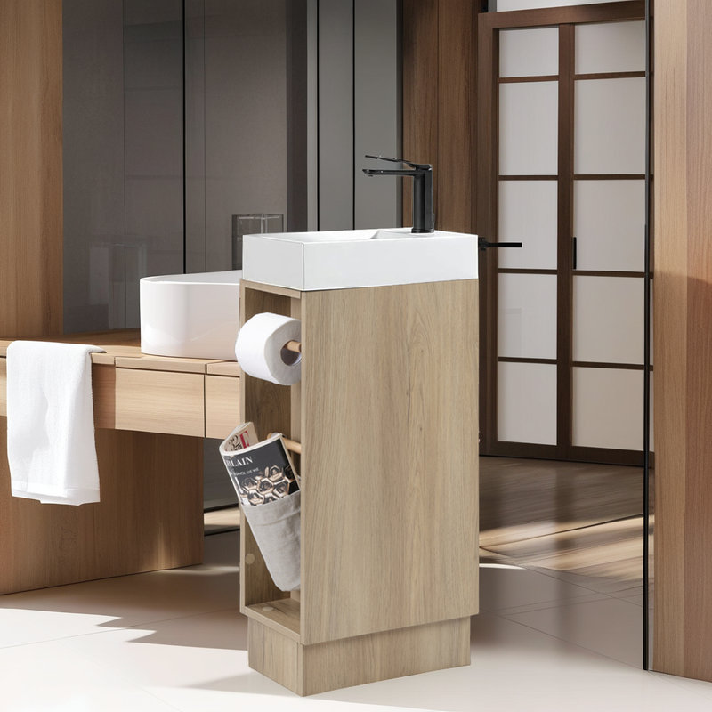 Ensemble de meuble-lavabo de salle de bain 16 po - Conception peu encombrante - Lavabo en pierre, Brun