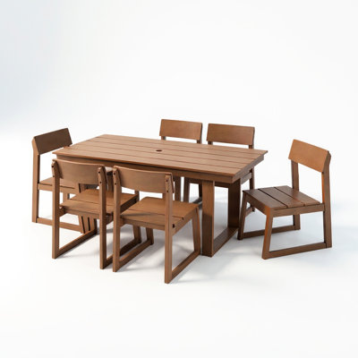 7 - Piece Outdoor Dining For 6, Weather Table With Umbrella Hole And 6 Armless Chairs, Brown Garden Furniture Backyard Lawn