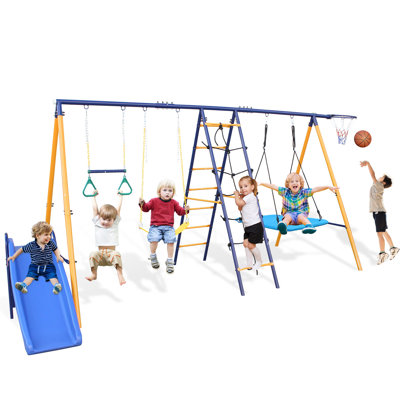 Ensemble de balançoires d'extérieur en A de 500 lb 7 en 1 avec glissière, 2 sièges de balançoire, 1 filet d'escalade et échelle, 1 anneau de gymnastique, 1 panier