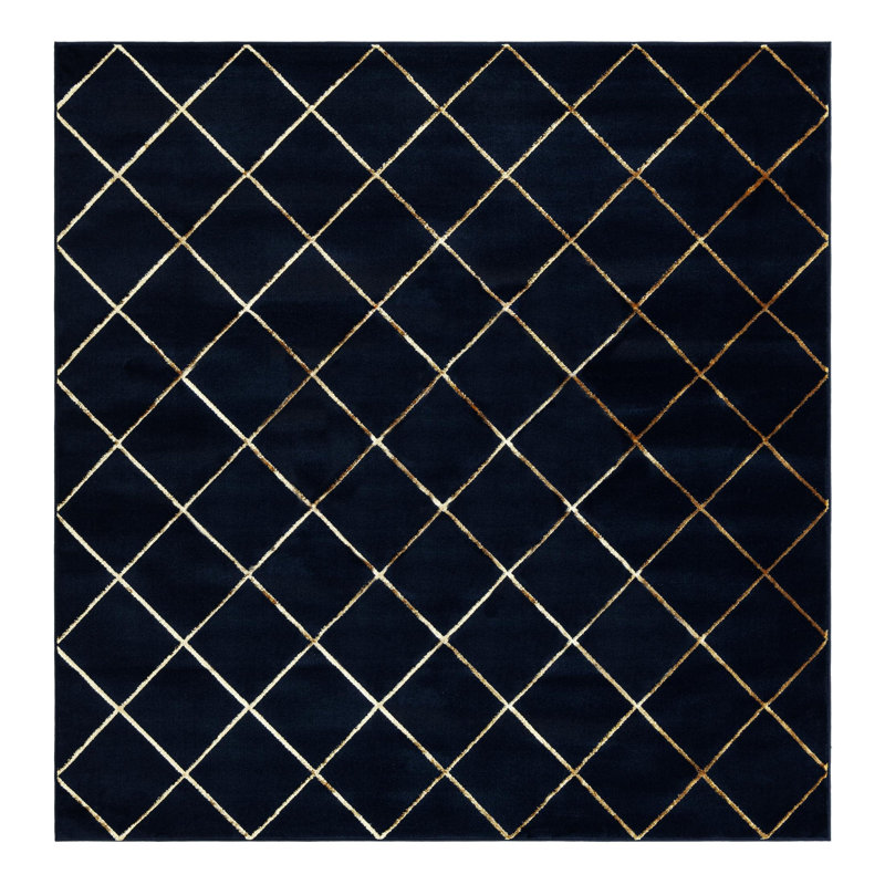 Latitude Run® Checks Nikica Rug Navy Blue and Gold, Square 7'10"