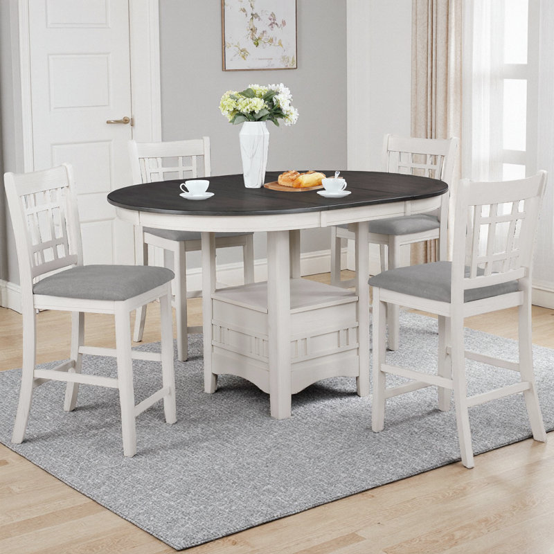 Table de salle à manger à hauteur de comptoir extensible crème et grise avec rallonge de 18 po - Table ovale contemporaine Farmhouse
