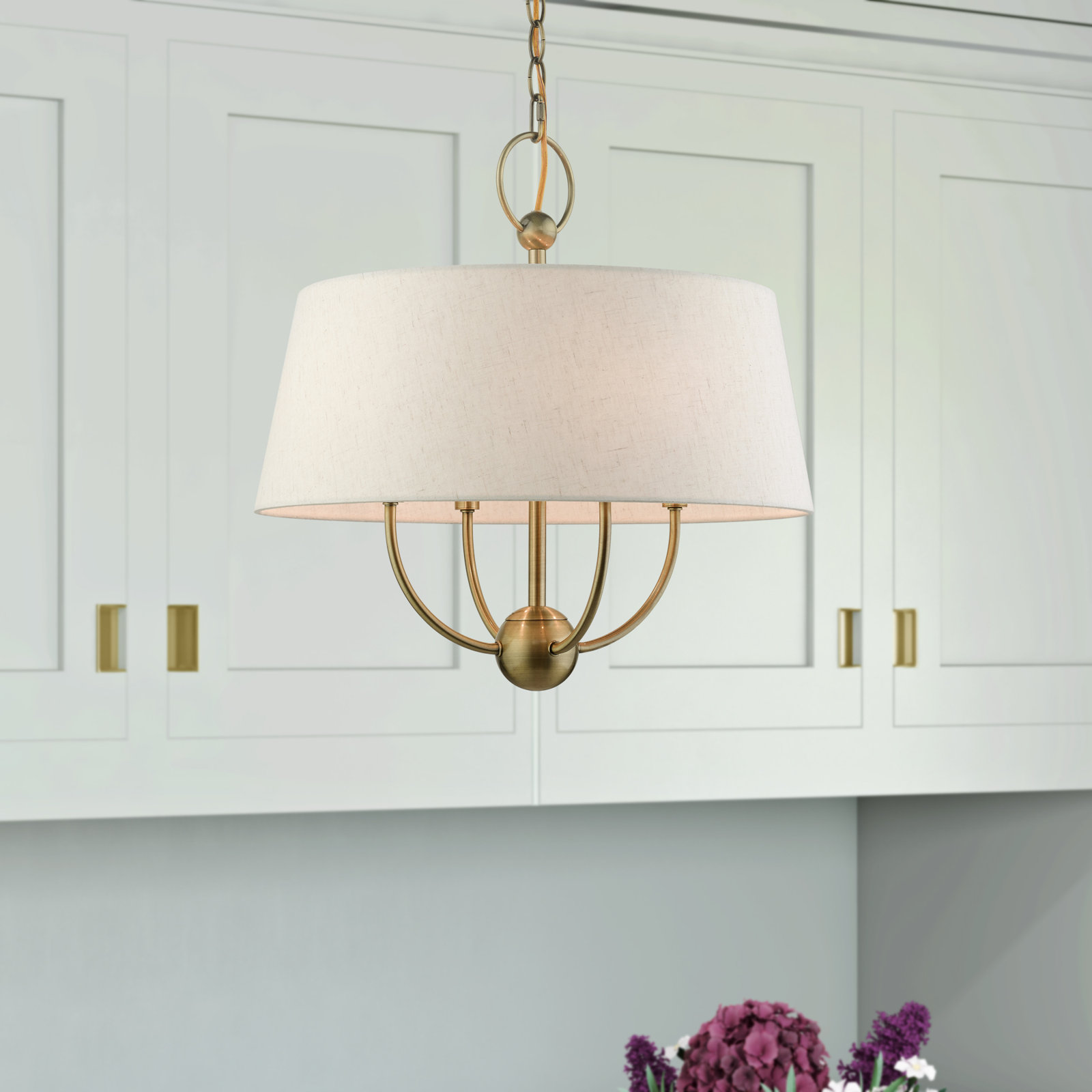 Desra 4 Light Linen Blend Dimmable Pendant, Antique Brass