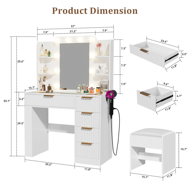 Vanity Set With Lighted Mirror, White