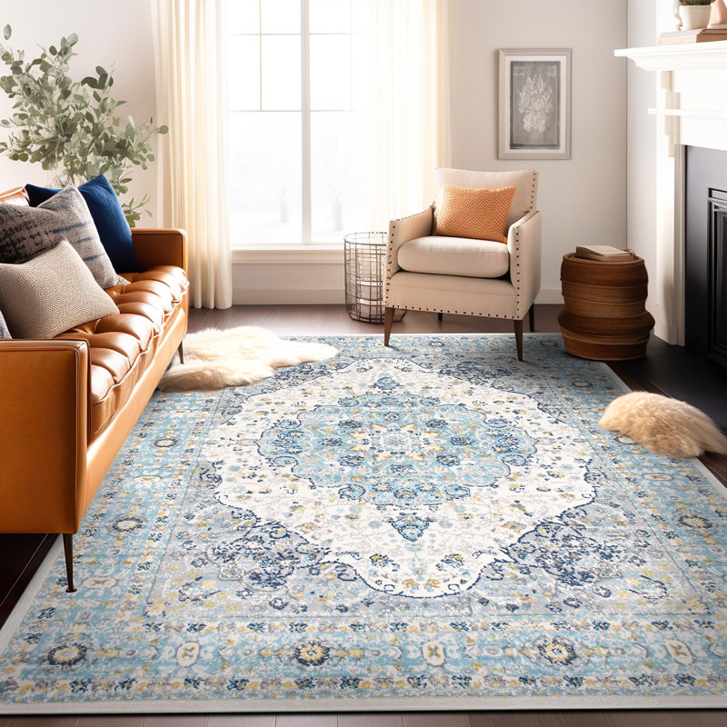Barlow Oriental Cream/Blue/Yellow Indoor Rug, Rectangle 5' x 7'