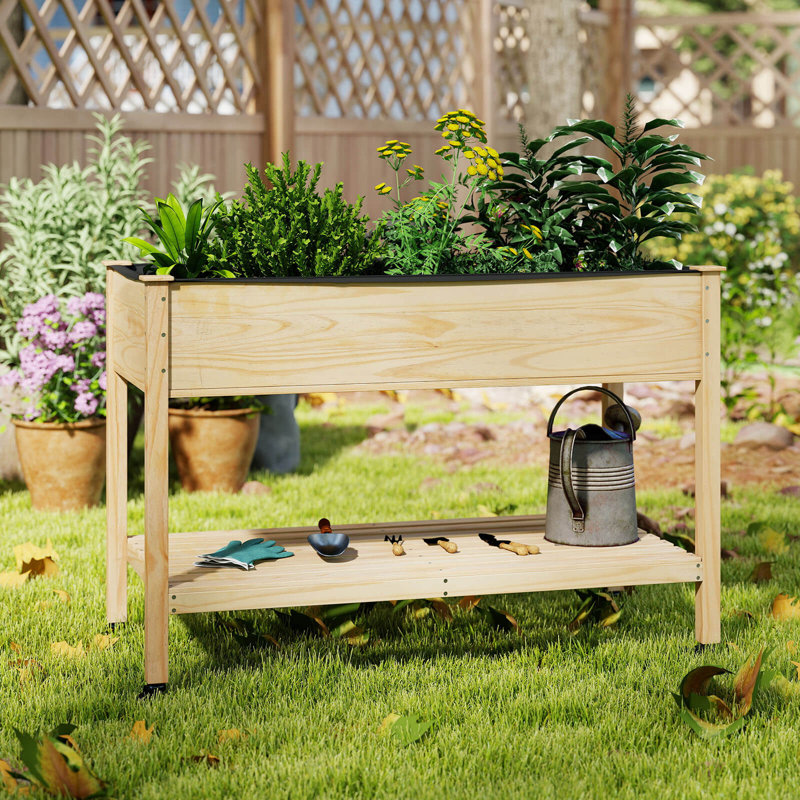 Lit de jardin surélevé en bois 2 pièces avec pieds, roues verrouillables, doublure pour herbe végétale, Ensemble de 2