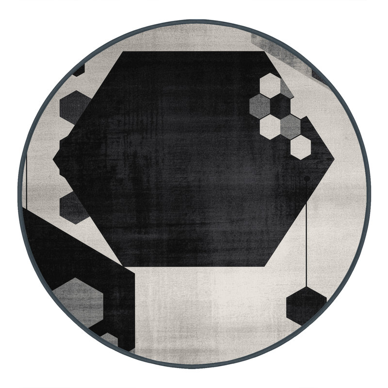 Tapis gris / noir à motif géométrique lavable à la machine Manhasset, Rond 8 pi